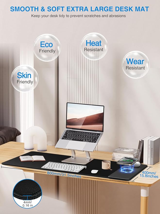 TopMade Mouse Pad with 15W Wireless Charging, Classic Black Desk Mat | 31.5"x15.75" XXL Large Desk Pad, Waterproof Gaming Mousepad with Non-Slip Base, Includes 20W PD Adapter & 6.56ft Woven Cable - Image 3
