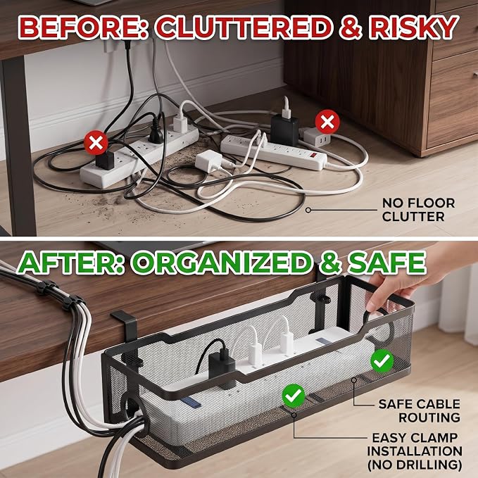 Under Desk Cable Management Tray, No Drill Cable Organizer for Desk, Metal Wire Management Basket with Clamp Mount, Cord Organizer Holder for Standing Desk, Home Office and Gaming Setup - Image 2