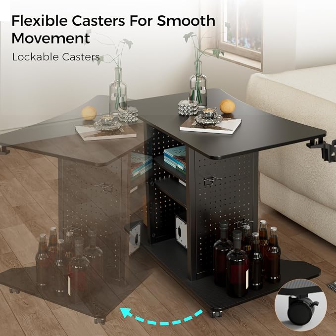 EUREKA ERGONOMIC Gaming Desk Computer, 37" Rolling Desk on Wheels for Small Space, Mobile Computer Cart with Pegboards Adjustable Shelves for Gaming PS Switch Home Office - Black - Image 6