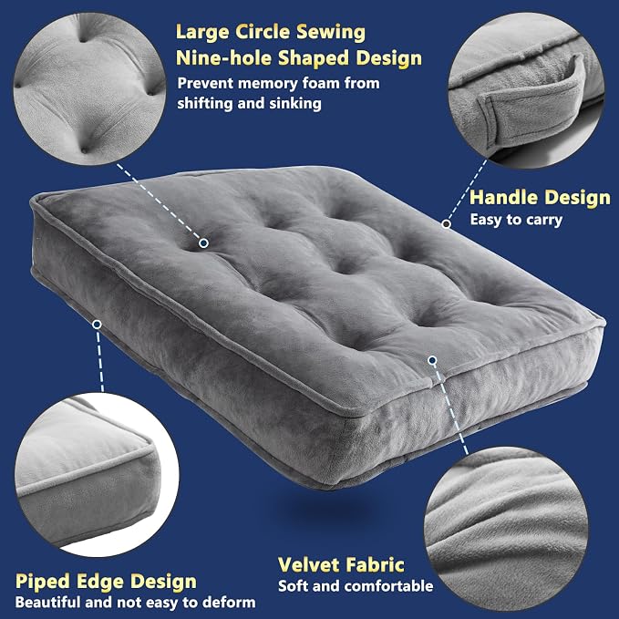 1 MIDDLE ONE Floor Pillow Set of 2, Memory Foam Meditation Cushion, Floor Cushions for Adults Sitting, Large Square Seat Cushions for Yoga, Living Room, 22x22 Inch (Grey) - Image 4
