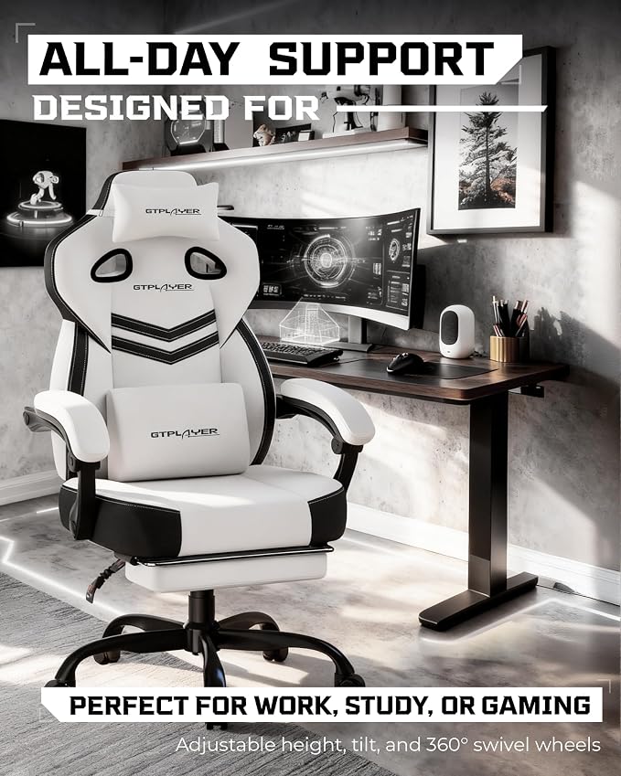 GTPLAYER Gaming Chair for Adults, Ergonomic High Back Chair with Footrest | Big & Tall Computer Video Gaming Chair, Comfort Wide Seat with Lumbar Support for Big/Tall, Office/Home, Linen, White Grey - Image 3