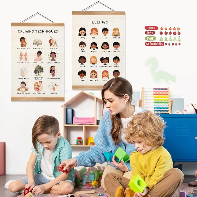Feelings Chart & Emotional Learning Poster, Hanging Linen Canvas Wall Art with Solid Wood Frame, Montessori Social Skills Poster for Kids, Home & Classroom Decor – 2Piece Set 12x16 Inches (Feelings) - Image 4
