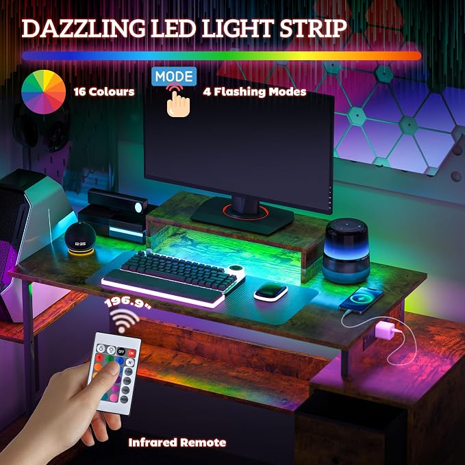 HOMCOM 56" Gaming Desk Monitor Stand Power Outlets LED Lights, Rustic Brown | Computer Desk, Storage Shelves, Fabric Drawers, 2 CPU Stands, Pegboard, Home Office - Image 5