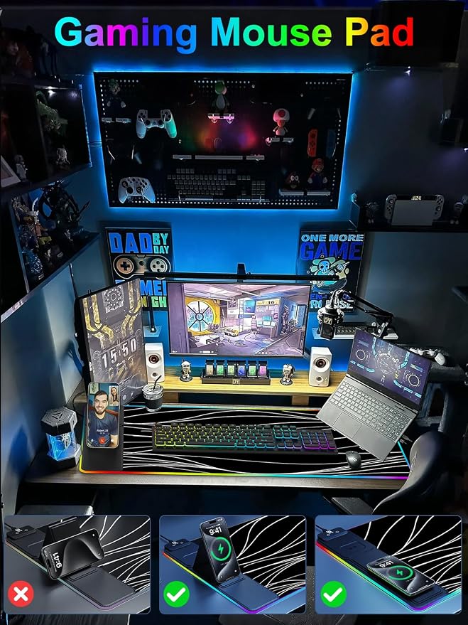 XXL Mouse Pad with Phone Holder - Black, RGB Desk Mat with 15W Fast Charging, LED Gaming Mousepad with 11 Light Colors, Waterproof Non-Slip Pad for Office & Home (Wave) - Image 7