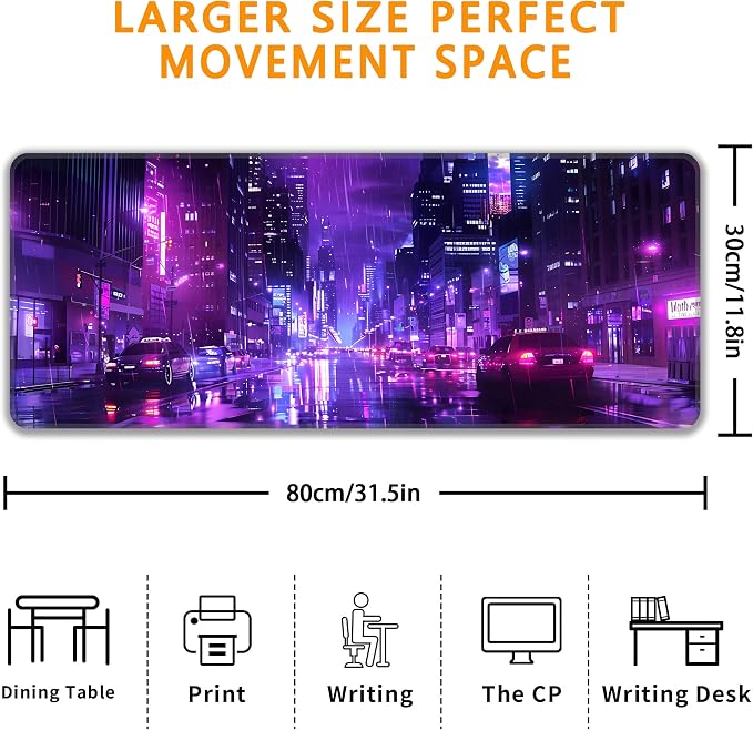 Cyberpunk Desk Mat, XL 31.5"x11.8" Large Mouse Pad, Japanese Streets Extended Gaming Mouse Mat,Non-Slip Rubber Base Waterproof with Stitched Edges for Gaming Office Home Decor - Image 3