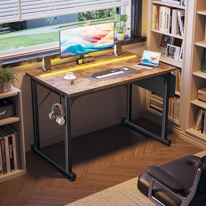 DurayLoly 40" Computer Desk with Waterproof LED Lights for Bedroom,Brown - Image 8