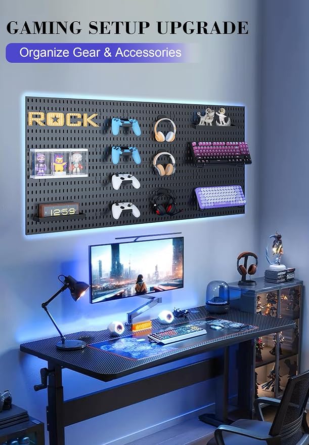 Pegboard Wall Organizer Set – 4 Peg Boards with Hooks & Shelves – Office, Kitchen, Gaming Room Desk Pegboard Storage – Peg Board Wall Display Rack (Black) - Image 3