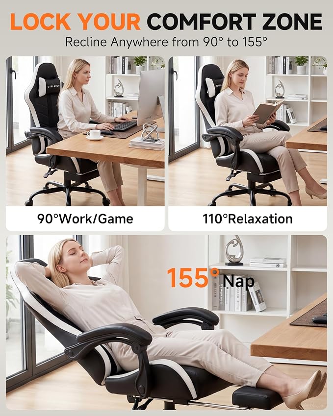 GTPLAYER Gaming Chair, Computer Game Chair for Adults, Pearl White | Ergonomic Comfort Video Game Chair with Footrest 90-155°Recline, Head Lumbar Support & Height Adjustable for Office Gaming - Image 5