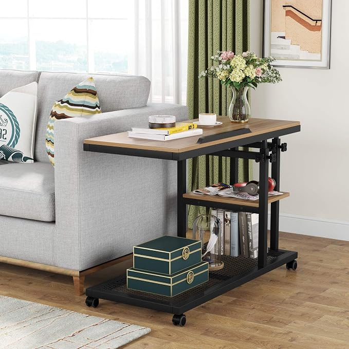 Tribesigns Height Adjustable C Table with Wheels, Mobile Couch Snack Side Table with Tiltable Drawing Board, Sofa Bedside Laptop Stand C Shaped TV Tray with Storage Shelves (Black+Oak) - Image 5