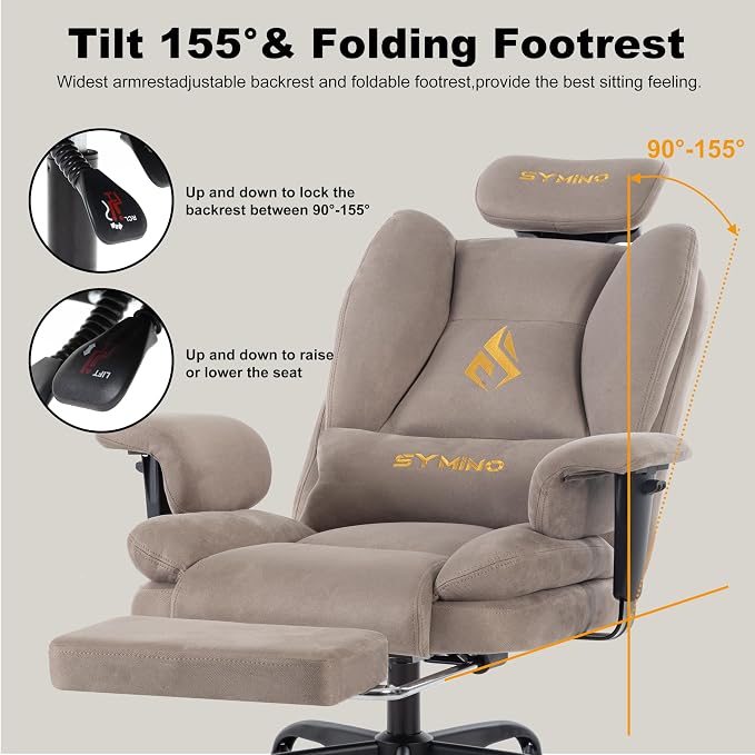 Symino Gaming Chair with Foot Rest, Unique Up/Down Armrests, Twill Fabric Ergonomic High Back Chair, 150° Recline Solid Color Computer Desk Chair, Light Coffee - Image 6