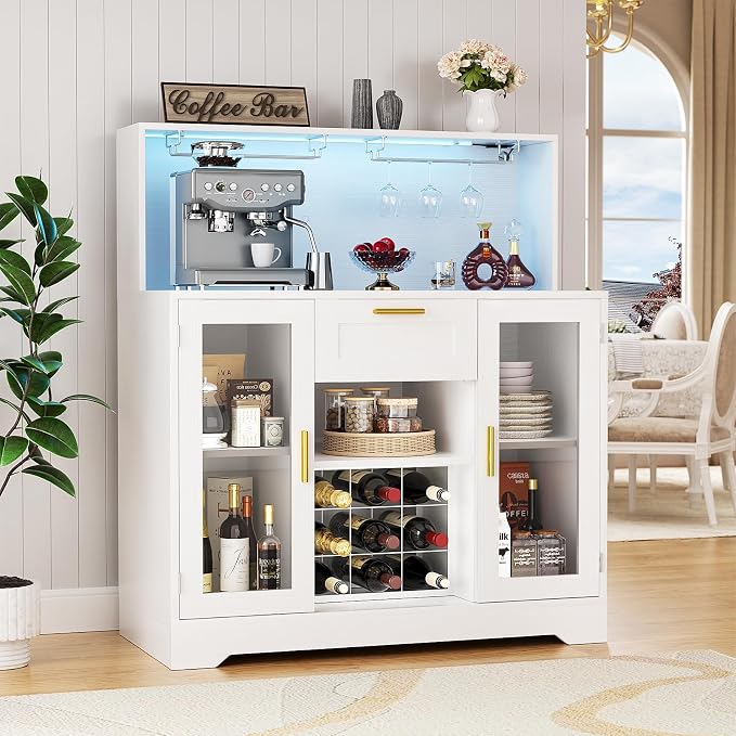 Unikito Coffee Bar Cabinet with RGB LED Light and Storage Hutch, White by Unikito