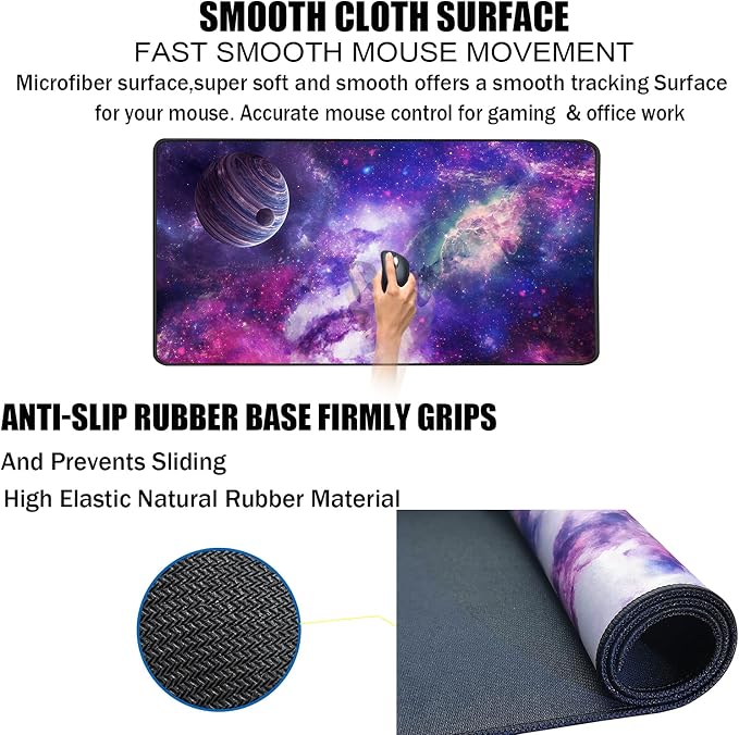 TEDNETGO Large Extended Gaming Mouse Pad, Long Mouse Pads, Extra Large Big Mouse Pad with Stitched Edge, XXL Non-Slip Computer Computer Keyboard Mat for Gamer/Desktop/Office/Home, Galaxy - Image 3