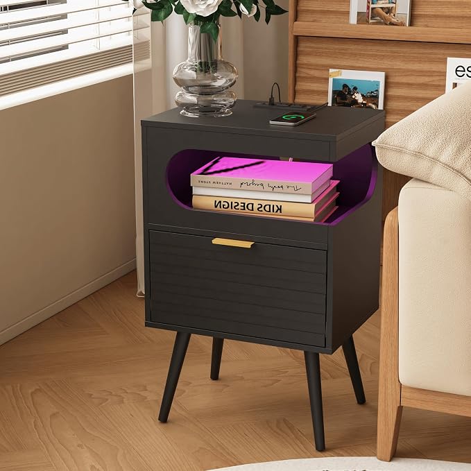 Veegle Nightstand,Modern Bedside Table with Storage Drawer and Open Wood Shelf, Accent Night Stand with Solid Wood Legs for Living Room, Bedroom and Small Spaces,Easy Assembly (Black-1) - Image 8