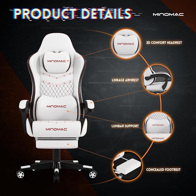 Gaming Chair,Big and Tall Gaming Chair 400lbs Office Chair with Footrest, 90-155° Recline & Removable Headrest Lumbar Support[Spring + 4D Sponge] (White) - Image 4