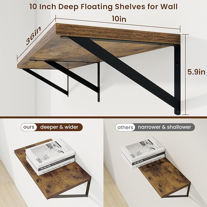 Axeman Deep Floating Shelves, 36'' x 10'' Brown Wall Shelves Set of 2 - Image 3