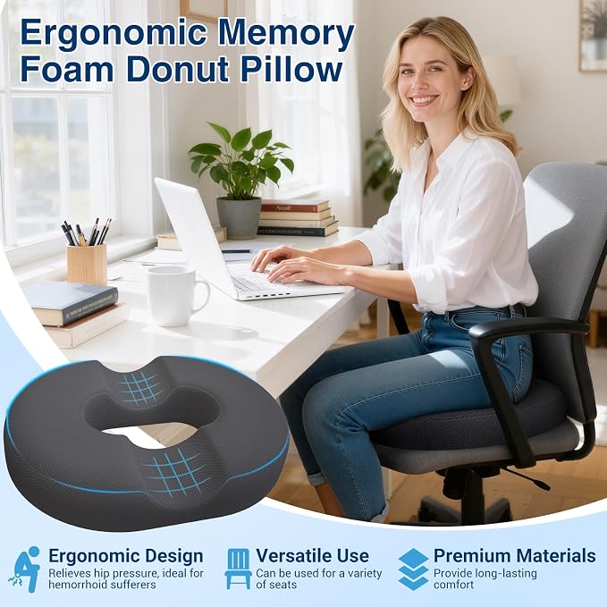 Donut Pillow Seat Cushion, Office Chair Cushion, Gray, Large | Ergonomic Design, Breathable Cover, for Tailbone Pain, Hemorrhoids & Long Sitting Hours, for Home & Office - Image 8