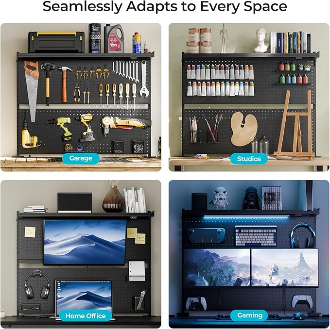 EUREKA ERGONOMIC Desk Pegboard Dual Monitor Stand 43x34 Black | Steel pegboard with dual monitor stands, privacy panel and 4 modular accessories for organized gaming and office setups - Image 2