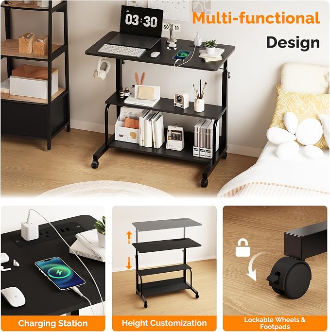 FCH 31.5" Mobile Small Standing Desk, Adjustable Height Mobile Computer Desk, w/2 AC Outlets + 3 USB Ports & Hooks, Storage Shelves, Suitable for Gaming, Studying, Home Office, Black - Image 7