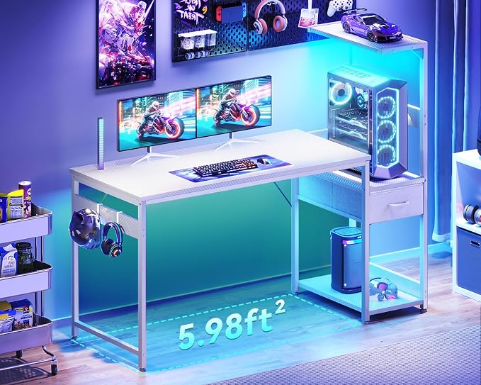 Casaottima 54'' Gaming Desk with LED Lights & CPU Stand, Reversible Computer Desk with Storage Shelves & Fabric Drawer, Modern PC Gamer Table with Headphone Hook, Carbon Fiber White - Image 2