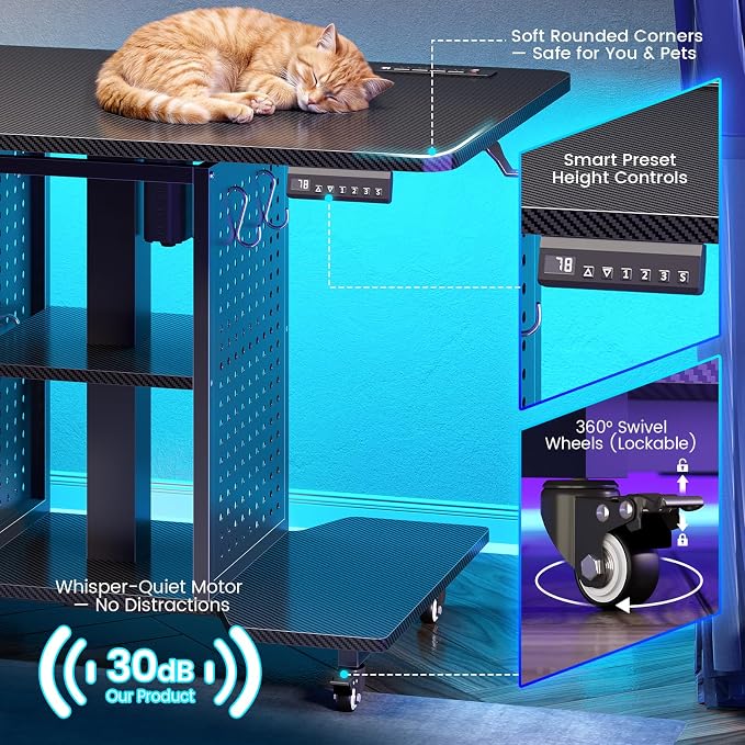 SEDETA Small Standing Gaming Desk, 31.5" Rolling Computer PC Desk Height Adjustable with Power Outlet, Pegboard & Storage Shelves, RGB LED Light, for Small Spaces/Bedroom/Gaming, Carbon Fiber Black - Image 7
