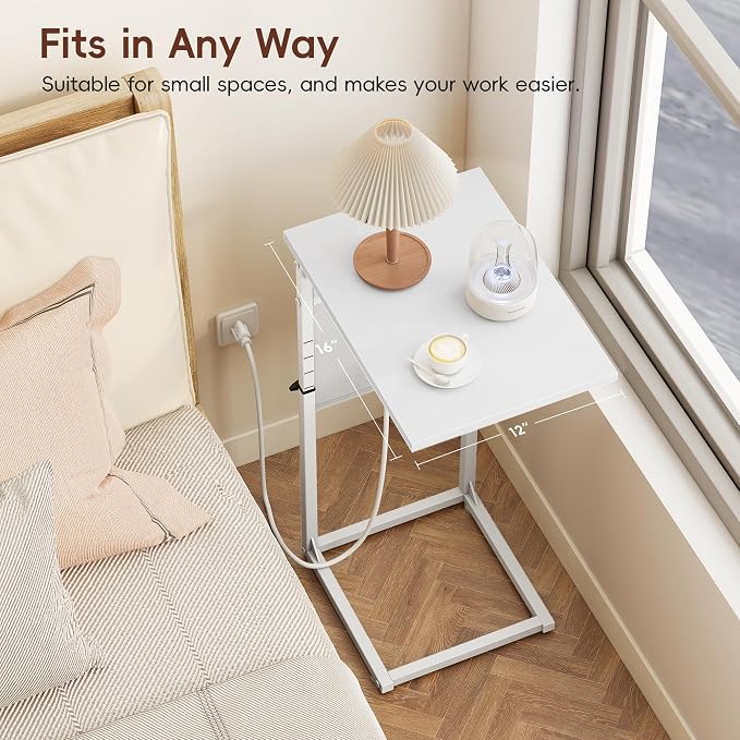 Vagusicc C Shaped End Table with Charging Station, Adjustable Height Side Table for Couch, Small Sofa Table for Small Spaces, Slide Under Sofa Table TV Tray Arm Tables for Living Room, Bedroom, White - Image 4