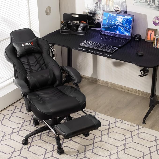 GYMAX Gaming Chair, Ergonomic Computer Chair with Footrest, Linkage Armrests & Lumbar Cushion, Big Wide High Back Video Gaming Chair, Reclining Office Rolling Chair for Adult/Teens (Black) - Image 2