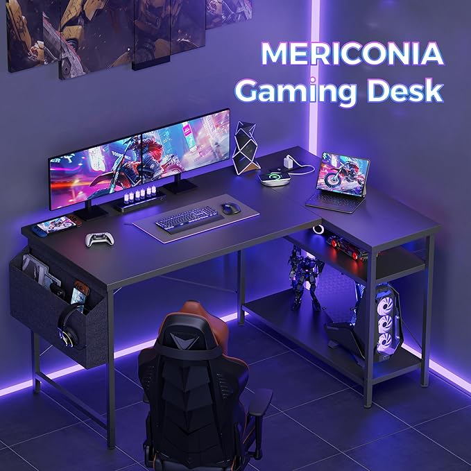 Mericonia 47 inch Corner Desk with Shelves, Small L Shaped Gaming Desk | Reversible Computer Desk with Power Outlets & Storage Bag, Office Table for Home Bedroom Study Work Writing - Image 3