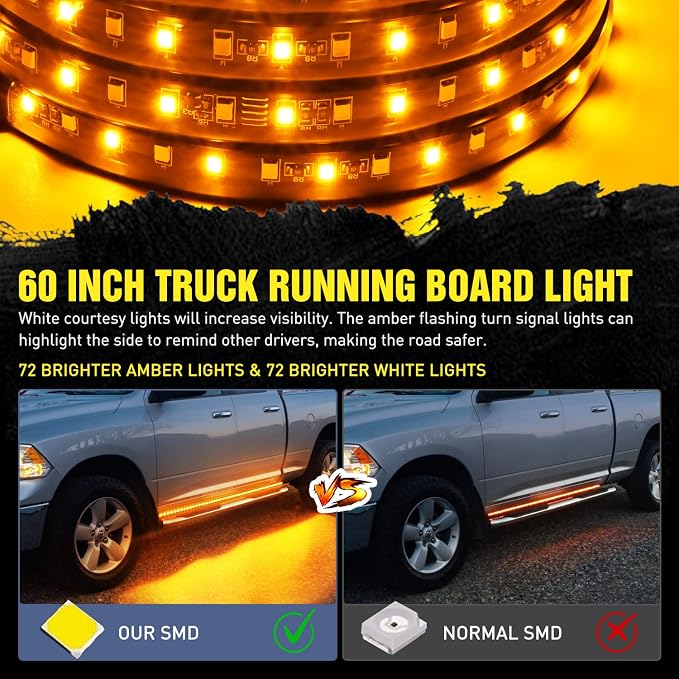 Nilight Truck Running Board Lights 2PCS 60 Inch LED Side Maker White Courtesy Light & Sequential Amber Turn Signal Lighting Strips Kit for Trucks Pickup SUV - Image 4