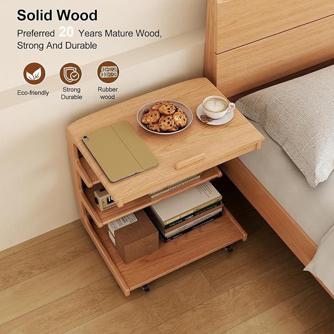 AQIMUELE Rolling Side Table, C Shaped End Table, C Table with 4 Wheels Solid Wood Small Rolling Desk with Adjustable Desktop,C Shaped End Table for Couch,Home Office(15.6" D x 23.6" W x 24.3" H) - Image 4