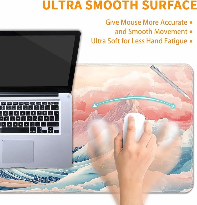 Japanese Sea Wave Desk Mat, XL 31.5"x11.8" Large Mouse Pad, Pink Clouds Extended Gaming Mouse Mat,Non-Slip Rubber Base Waterproof with Stitched Edges for Gaming Office Home Decor - Image 5