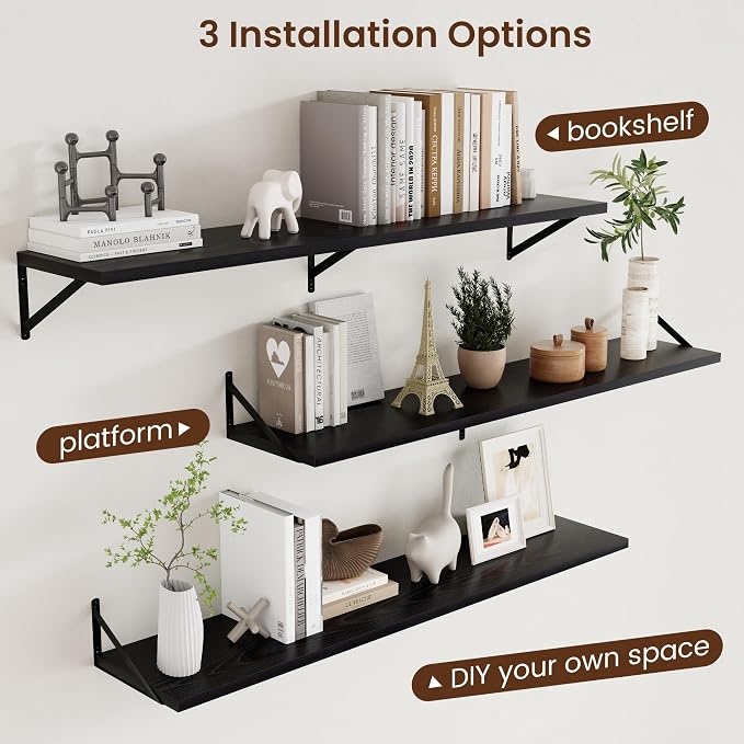 Axeman Floating Shelves for Wall Black- 55 Inch Wide x 12 Inch Deep Wall Shelves Set of 2 - Black Deep Wood Floating Shelves for Living Room Bedroom Laundry Room - Image 4