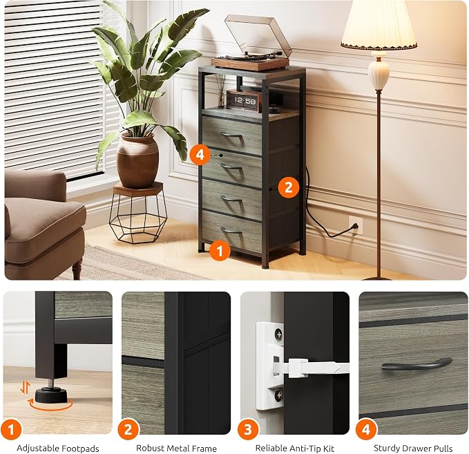 Lazzanto Night Stand with Charger Station, 4 Fabric Drawers, Grey - Image 7