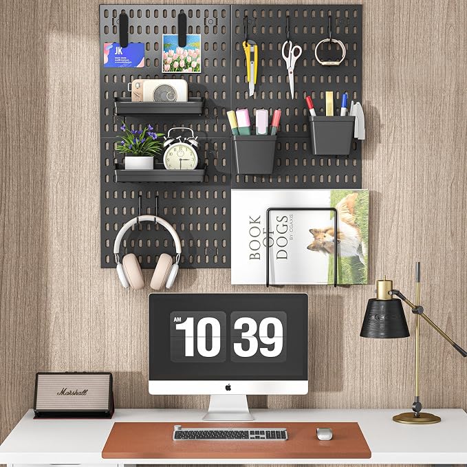 AKTOP Plastic Peg Board Wall Organizer 4-Pack, 12"x12" Pegboard Kit, Black | Includes 13 Accessories, Adhesive or Drill Mounting, Superior Load Capacity, Ideal for Office, Gaming Room, Craft Room - Image 8