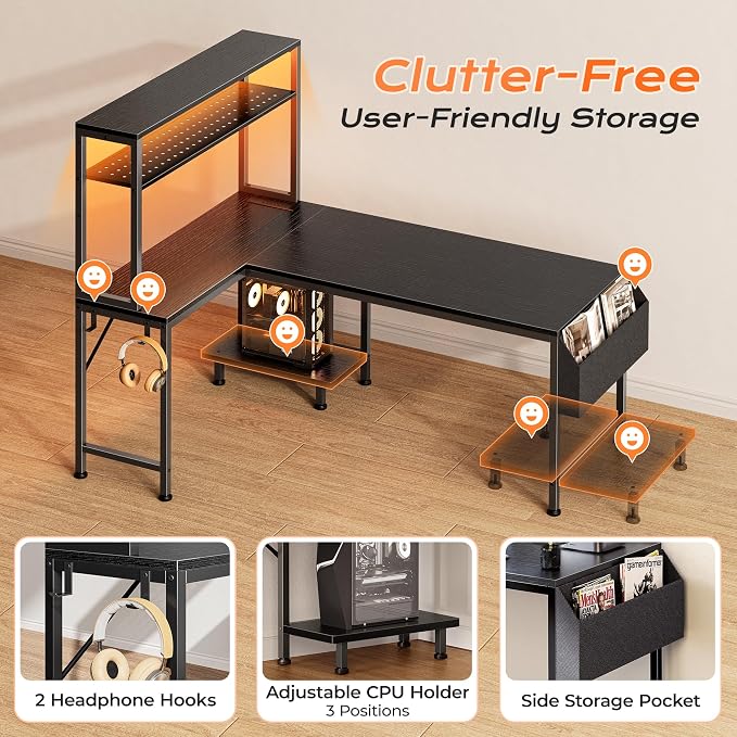 PRAISUN L Shaped Gaming Desk with LED Lights & Power Outlets | Reversible Computer Desk with Storage Shelves & Bag, Large Corner Home Office Desk with Pegboard for Work from Home, Black - Image 9