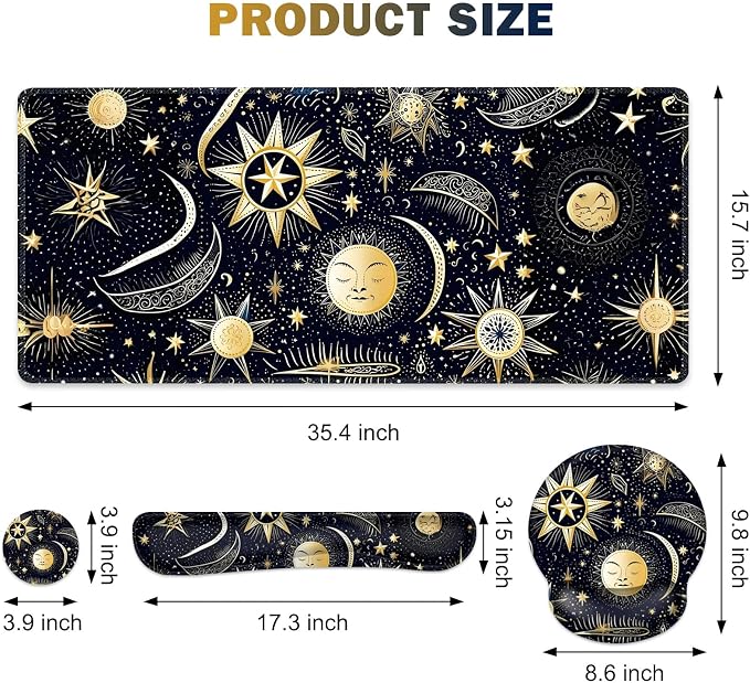 Gaming Mouse Pad, Large Desk Mat, Cute Desk Pad Protector, 4in1 XXL Mousepad + Keyboard Wrist Rest+Mouse Wrist Rest+Coaster Set with Ergonomic Desk Pad for Home Office PC Computer, Stars and Moon - Image 4