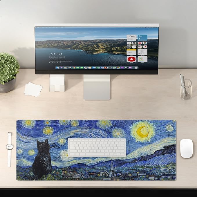 Starry Night Cat Gaming Mouse Pad Large Desk Mat Extended Keyboard Mouse Pad Anime Mousepad with Non-Slip Base and Stitched Edge Mouse Mat Desk Pad 31.5 x 11.8 Mouse Pads for Desk Home Office Gaming - Image 6