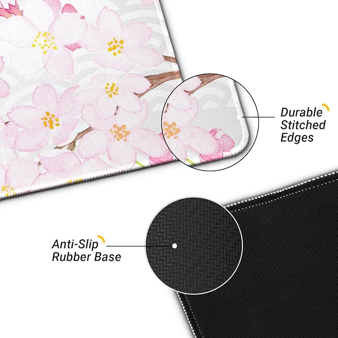 Gaming Mouse Pad with Anti-Slip Rubber Base, Extended Large Computer Mouse Mat with Stitched Edges, Long XL Anime Mousepad for Laptop and Keyboard, 31.5 x 11.8 inch (Grey Cherry Blossom) - Image 4