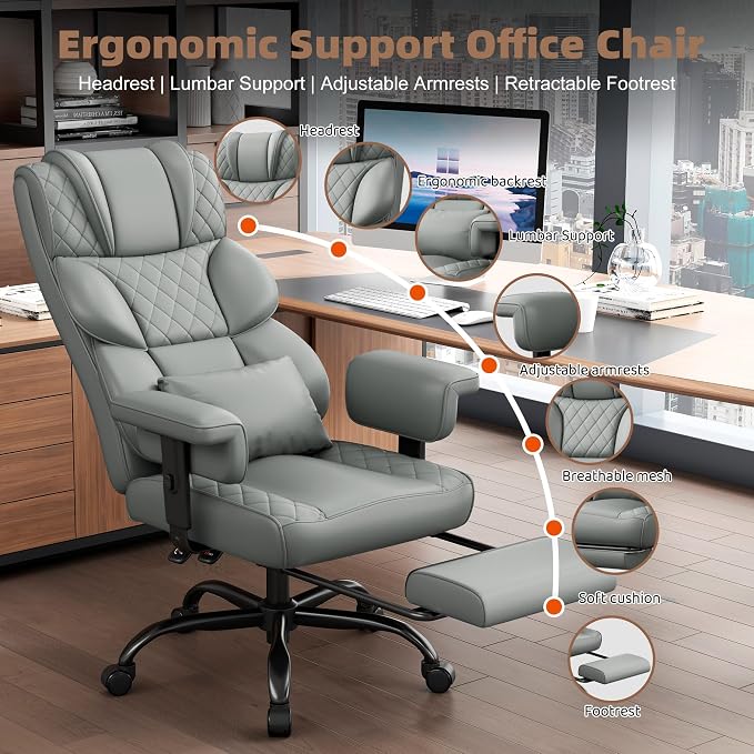 Vonesse Office Chair, Desk Chair with Soft Adjustable Armrests, Ergonomic High Back Gaming Chair with Lumbar Support, Executive Computer Chairs with Footrest (PU Leather, Gray) - Image 3