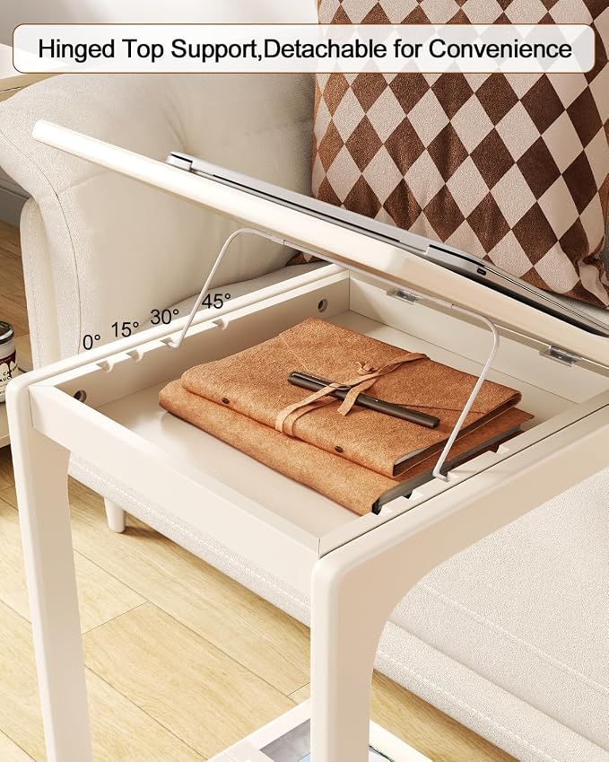AQIMUELE Wooden C-Shaped End Table,Couch Table with Adjustable Desktop,Small Rolling Side Table with 2 Lockable Wheels,Small End Table for Couch, Living Room,Bedroom (White) - Image 2