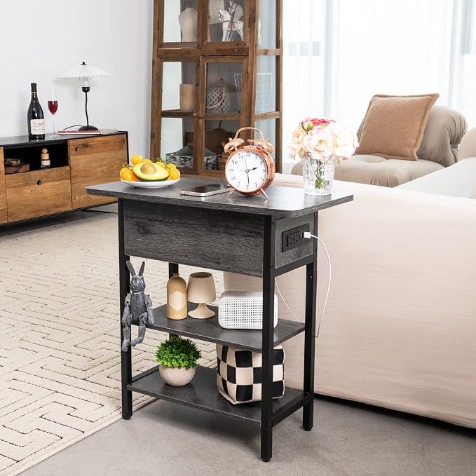 Yoobure End Table with Charging Station, Flip Top Side Table with USB Ports and Outlets, Sofa Couch Table Bedside Table for Living Room Bedroom, Narrow Nightstand with Storage Shelves for Small Space - Image 8