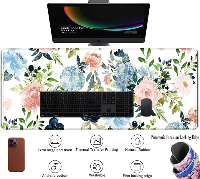 Gaming Green Desk Mat Desk Mouse Pads Purple Blue Pink Floral Mouse Pad Large, XL Big Computer Keyboard Mouse Mat Desk Pad Mat with Stitched Edge for Women Home Office Decor Deskmat 31.5x11.8 in - Image 3