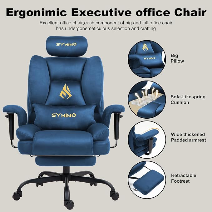 Symino Gaming Chair with Footrest, 2D Armrests Up/Down & Left/Right, Suede Fabric Ergonomic Office Chair, 150° Recline Computer Chair for Desk, Blue - Image 4
