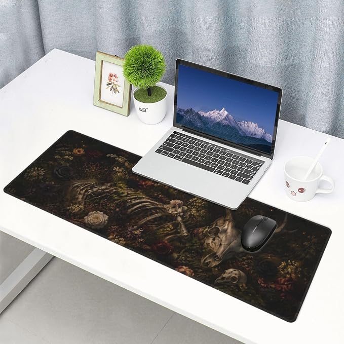 Dark Floral Skull Large Mouse Pad Desk Mat Non Slip Rubber Base Stitched Edges Office Gaming - Image 8