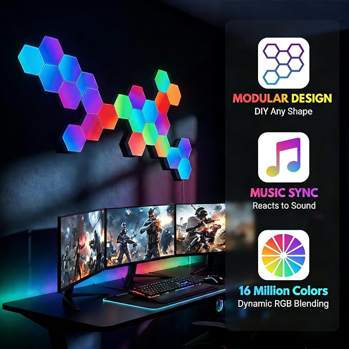 TISOFU 12 Pack Hexagon Lights LED Wall Panels, RGB Gaming Light with APP/Music Sync & Remote, DIY Smart Modular Hexagonal Honeycomb Glide Hex Tiles Panel for Bedroom Party Decor Gifts - Image 2