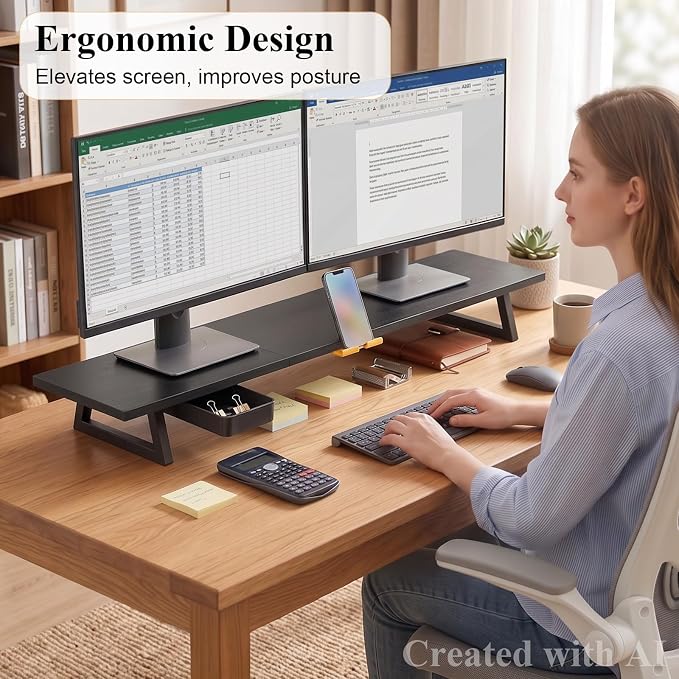 TEAMIX 39.4 inch Dual Monitor Stand Riser with Drawer & Phone Holder, Black | For Computer, Laptop,Printer, Wood & Steel, Holds 100 lbs, Keyboard Storage Underneath, For Home Office Gaming Organization - Image 3