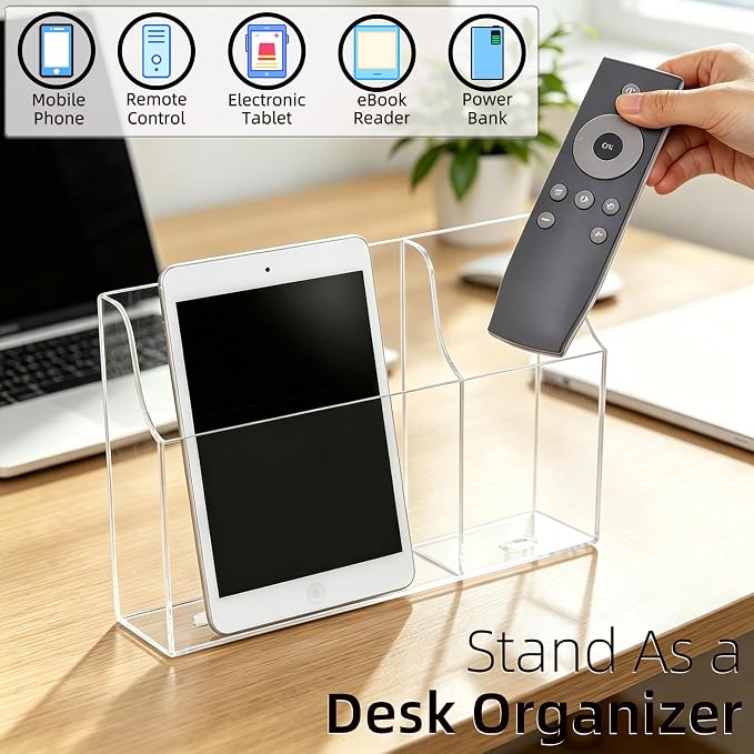Clear Wall Tablet Holder Acrylic Wall Mounted Phone Holder for iPad, Remote Control Holder Laptop Stand for eReader Storage Caddy with Charging Holes for Kindle iPhone - Image 4