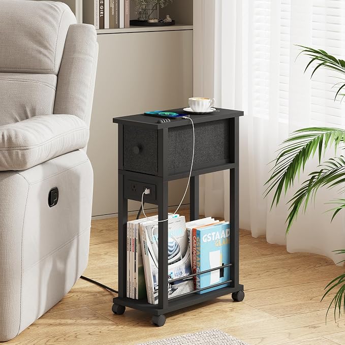 Slim Nightstand Set of 2, Narrow Side Table with Charging Station & Drawer - Image 2