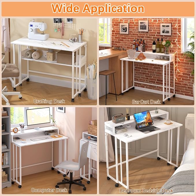 39.4" Folding Desk with Storage Shelf, Small Rolling Desk,White Marble - Image 4