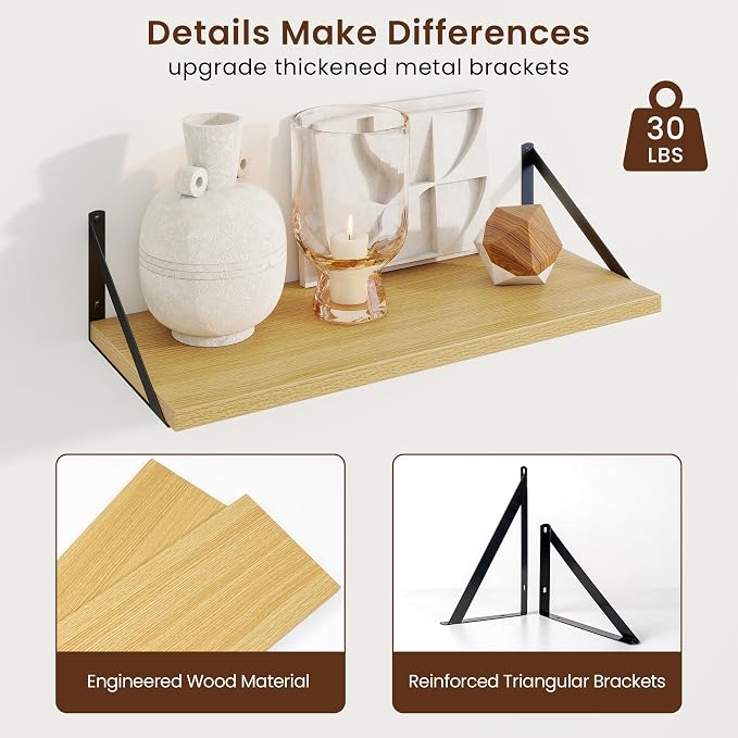 Axeman Deep Floating Shelves, 24'' x 10'' Oak Wall Shelves Set of 2 - Image 5