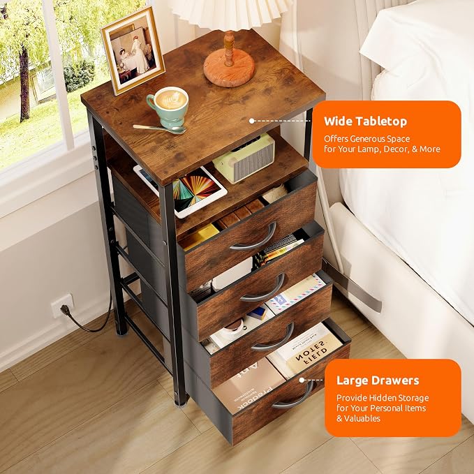 Lazzanto Night Stand with Charger Station, 4 Fabric Drawers, Brown - Image 5
